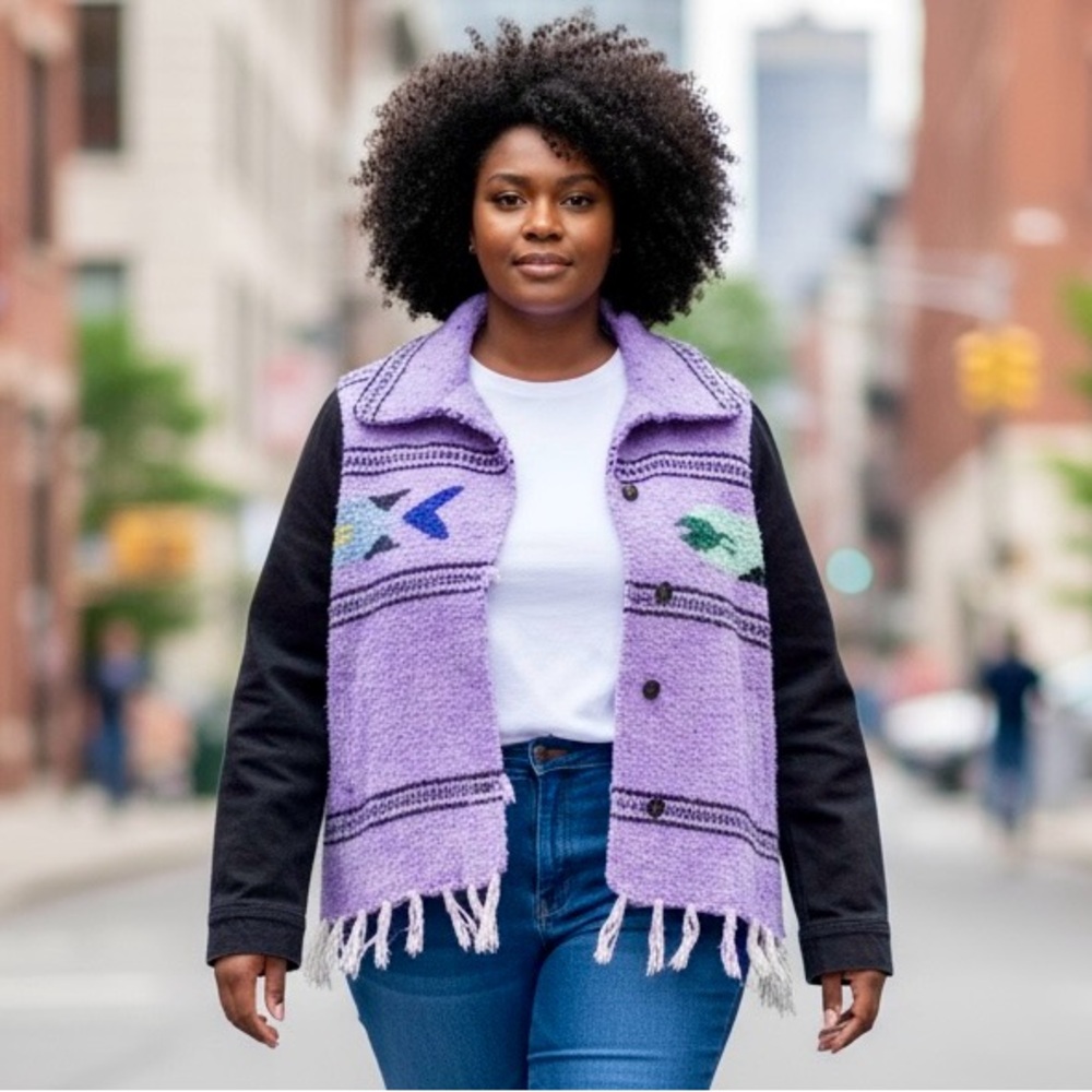 L-3X Lavender Jacket with Fish Imagery and Black Denim Sleeves Handmade - Picture 2 of 14